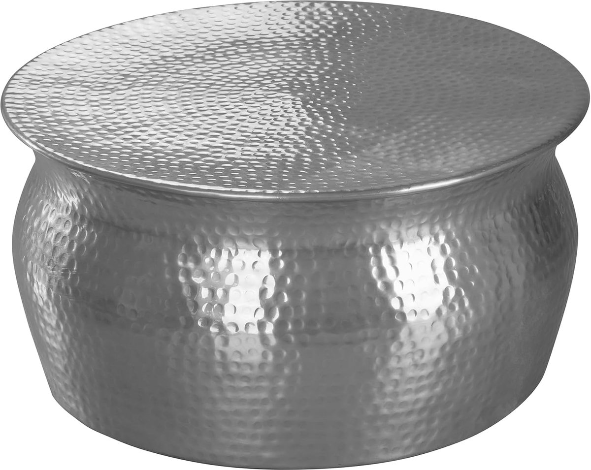 Salontafel Rond 60x60x30,5 cm Metaal Zilver, Woonkamertafel | sofatafel met hamerslag-look, oosterse bijzettafel van aluminium, handgemaakt uniek exemplaar, loungetafel