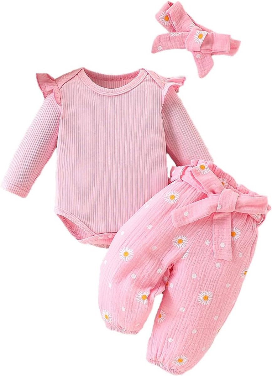 Kleding voor pasgeborenen meisjes, romper met lange mouwen en ruches, broek met bloemenprint, konijn, mooie hoofdband