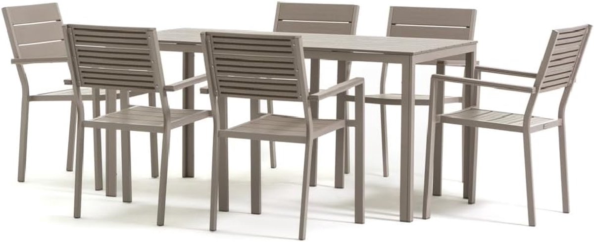 & Adele Tuinset voor 6 personen, tuinmeubelen, terrasmeubelset, zitgroep, meubelset, ijzeren frame, polyethyleen, stapelbaar, houtlook (champagne)