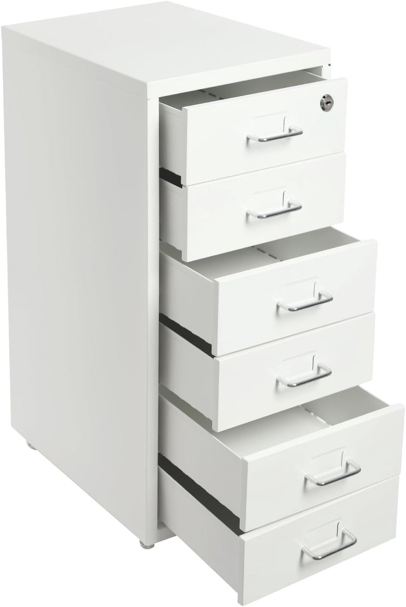 Ladekast wit met 6 laden, slot & wielen | Rolcontainer, bureaucontainer, rolkast, bureau, onderkast, ruimtebesparend en mobiel, commercieel en thuiskantoor