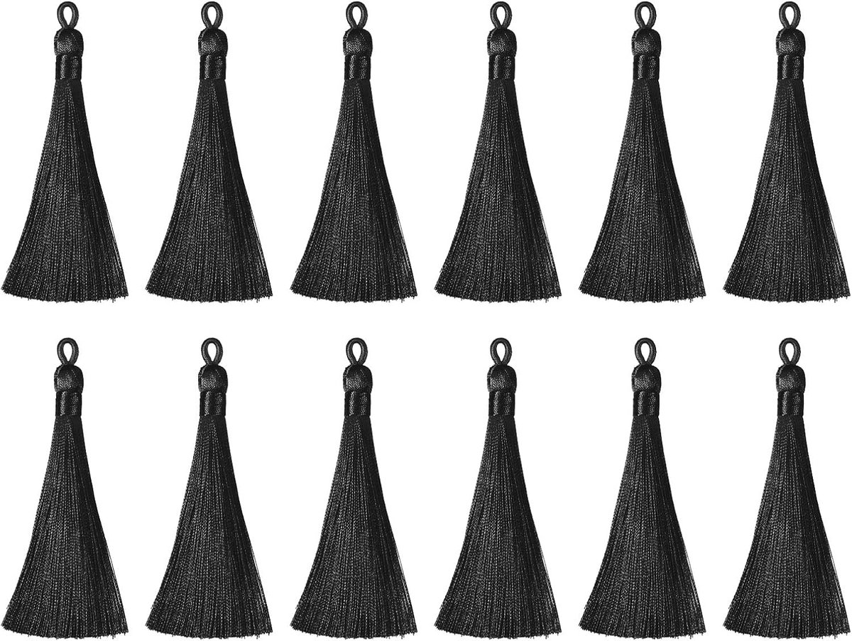 sourcing map 12 stuks bladwijzerkwasten, 9,66 cm, zijdeachtig, zacht, mini-kwast met strikken, voor sleutelhangers, handwerk, accessoires, zwart