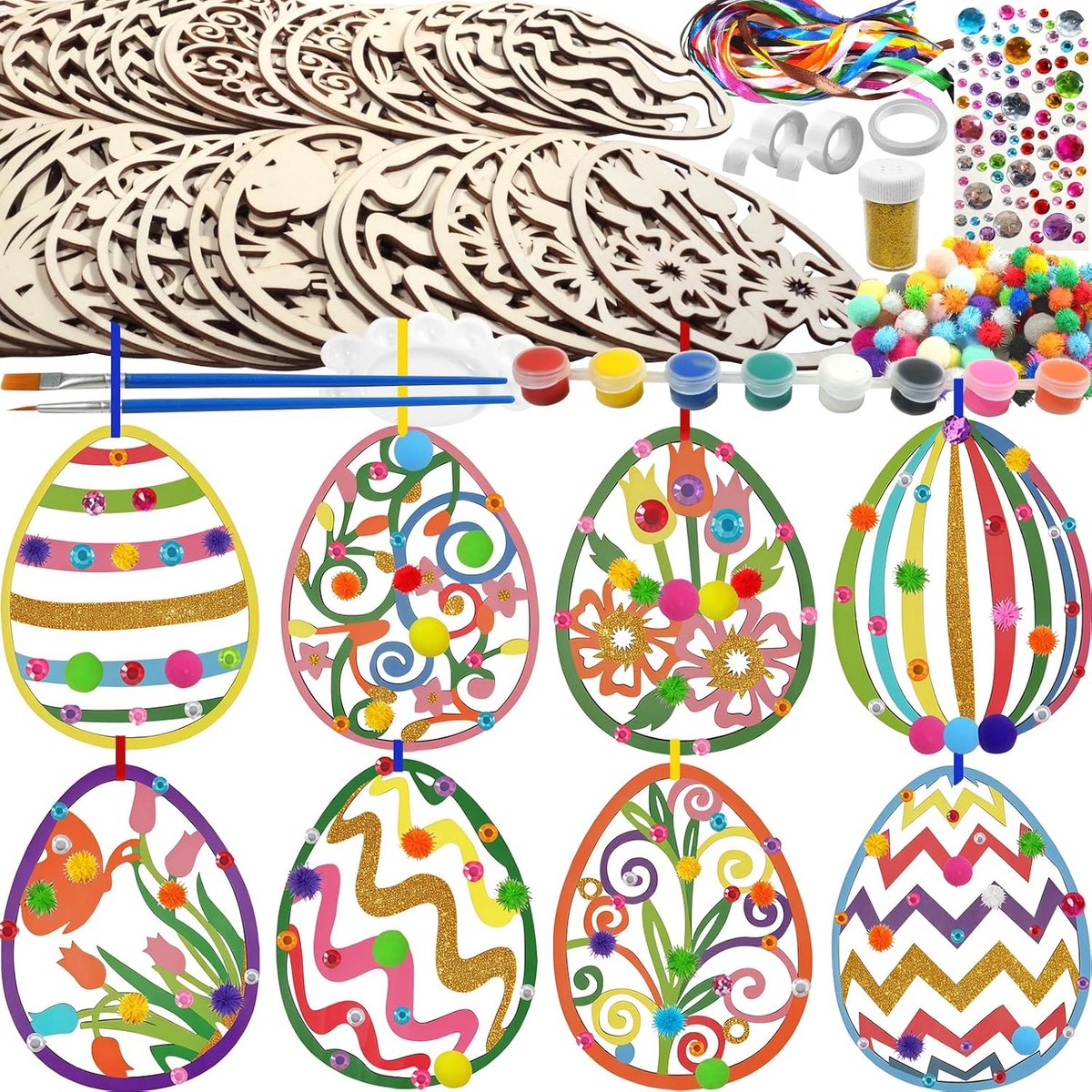 Houten hangers voor Pasen, 221 stuks, om te beschilderen, doe-het-zelf paashanger, hout beschilderen, paashanger, hout, knutselset met houten hanger, aquarelstift, strass, oogbel, touw