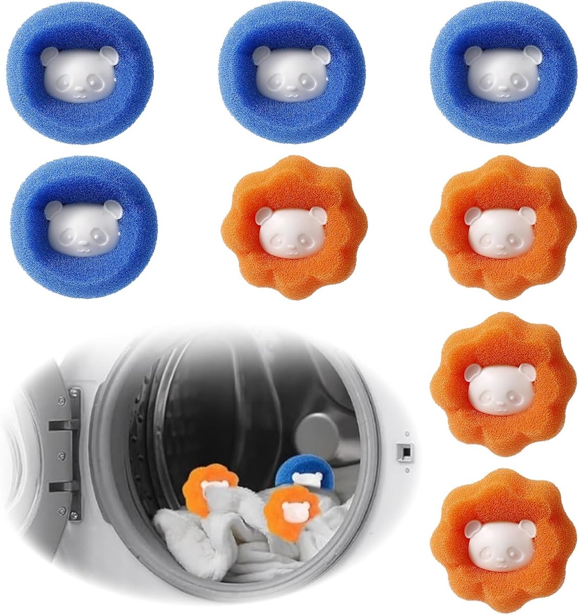 Wasmachine, 8 stuks, herbruikbare pluisballen, wasmachine, haarvanger, wasmachine, voor het verwijderen van dierenharen en pluisjes, blauw + oranje