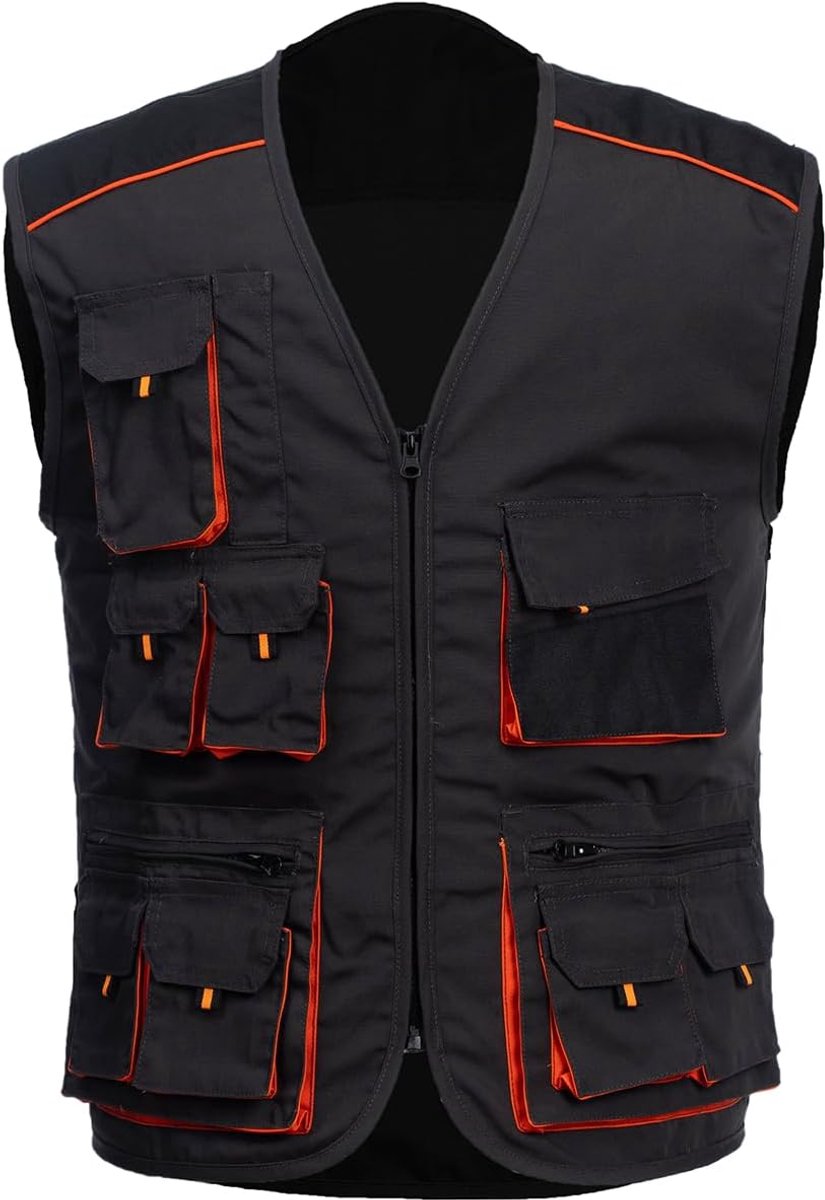 Bouwvakker-vest voor heren, grijs, bescherming, werkvest voor heren, zomer, met zakken, licht functioneel vest voor heren, mouwloos, werkkleding