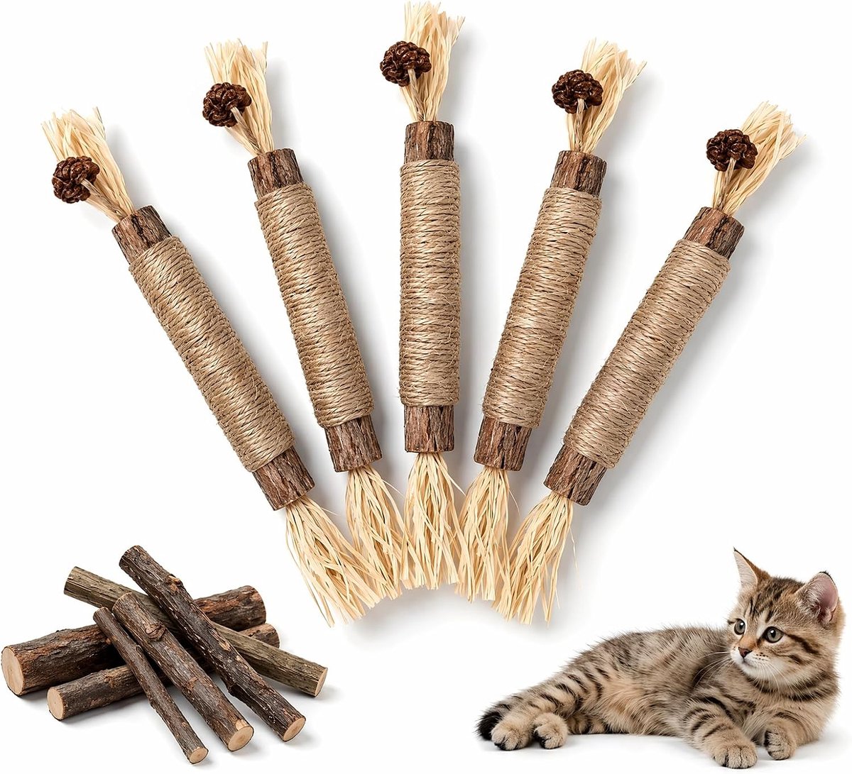 5 stuks, natuurlijk, kattenspeelgoed | Kauwsticks voor katten, tandhygiëne, slechte adem en interactief spel, voor katten en kittens