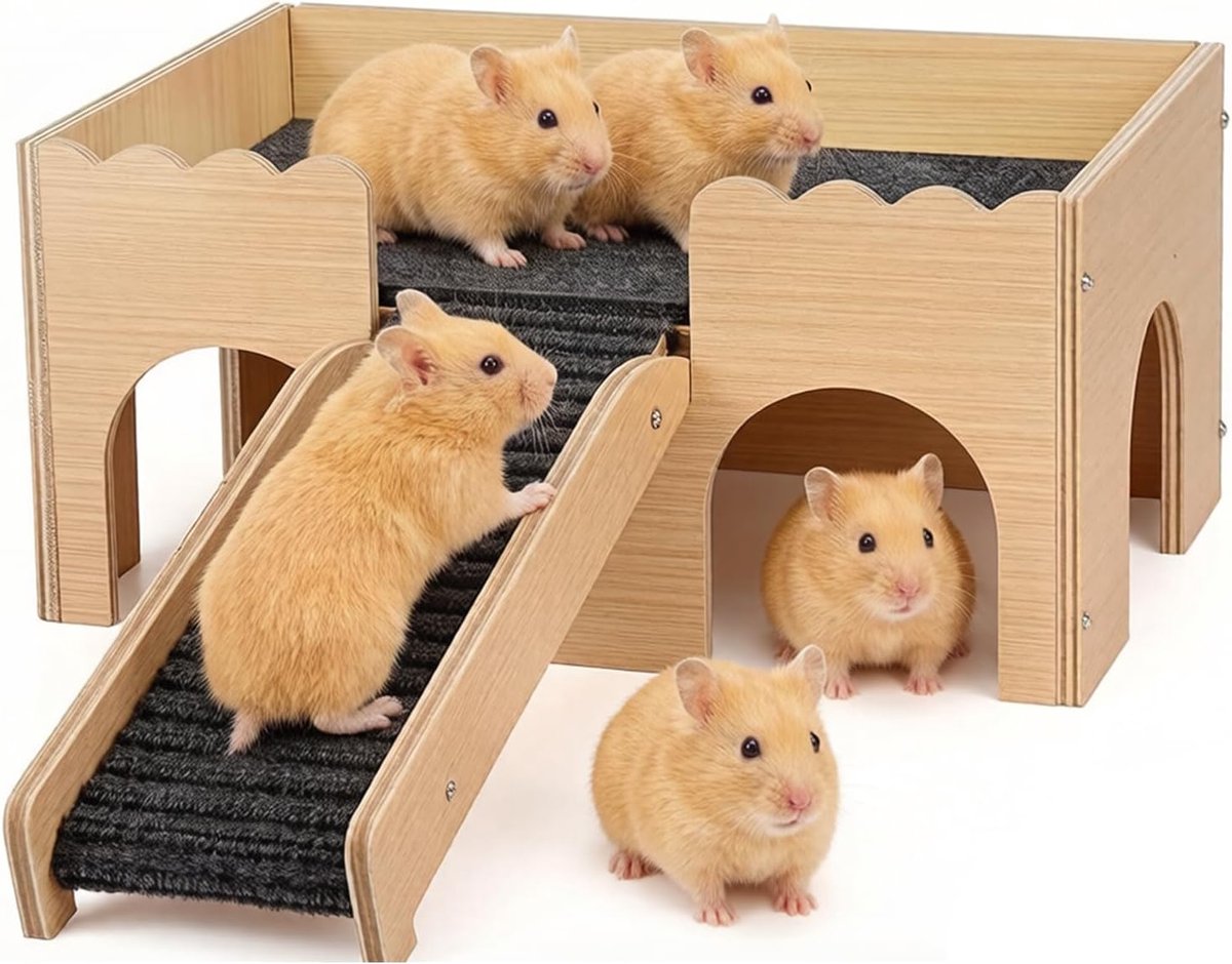 Cavia-verstopplaats met trap en matten, extra groot cavia-slot, afneembare schuilplaats voor hamsters, konijnen en chinchilla's, afneembaar huis (grijs)