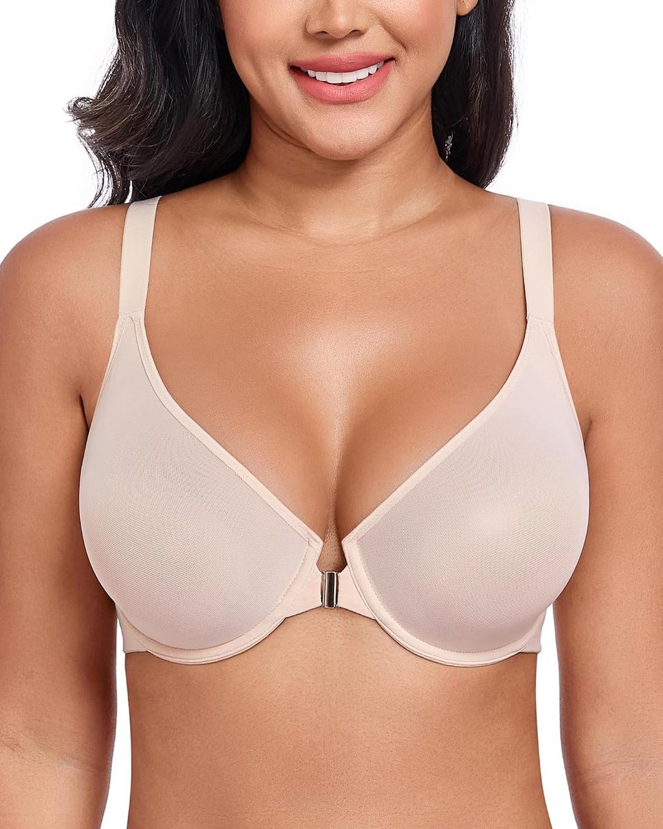 Damesbeha met beugel, transparant, mesh, zachte beha, voorsluiting, diepe hals, ondergoed, ongevoerd, comfortabel