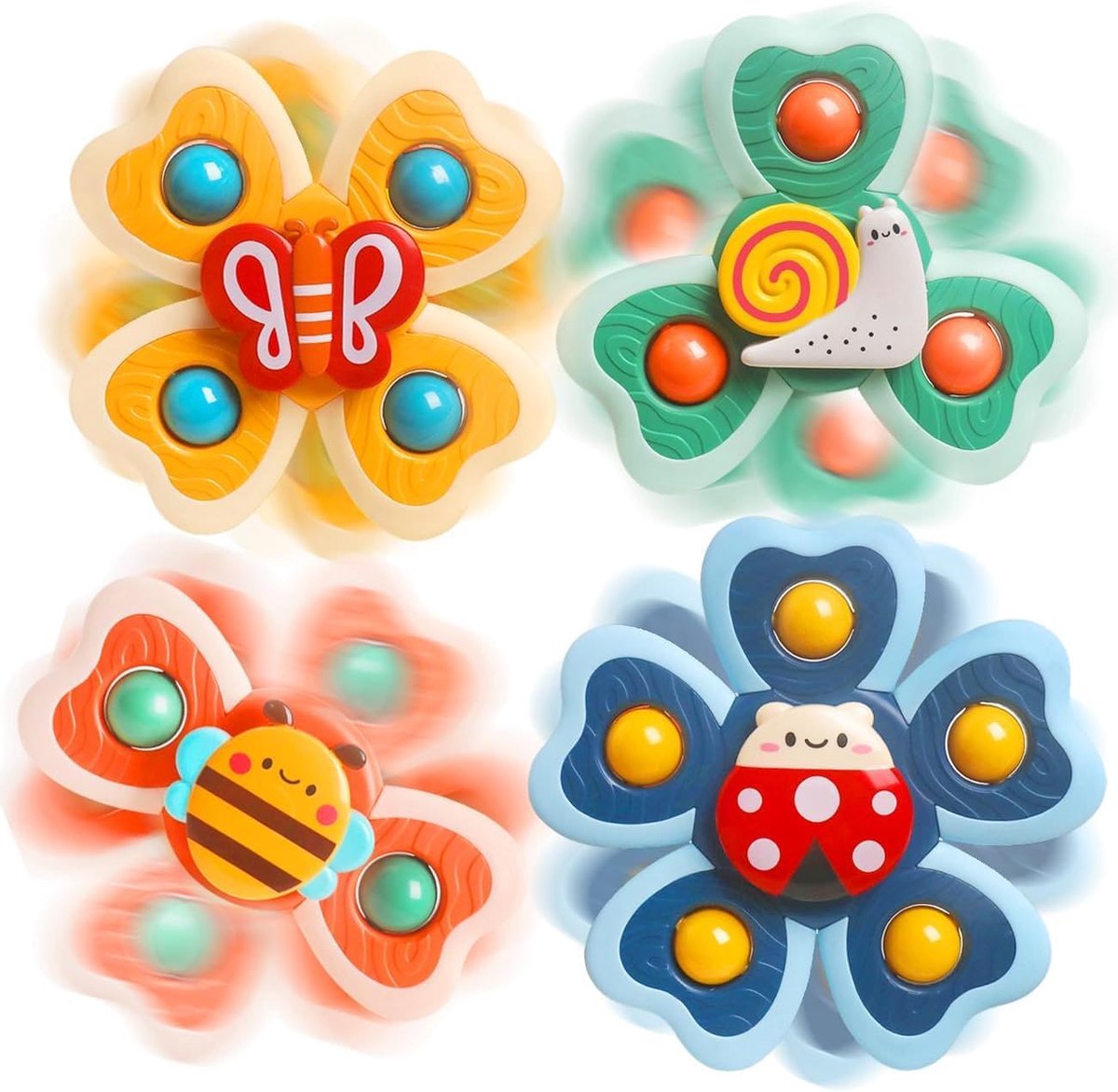 VONKELIOS®4 stuks zuignap draaispeelgoed voor baby's vanaf 6 maanden, insect fidget spinner sensorisch badspeelgoed voor peuters, draaispeelgoed voor kinderstoelen voor kinderen