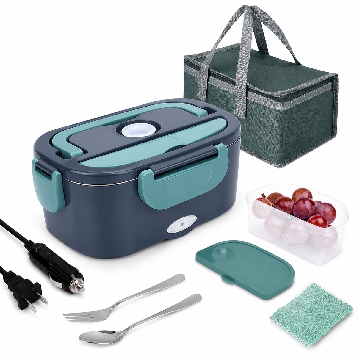 SEZGoods Elektrische Lunchbox – 1,5L – 60W – Voor Auto, Vrachtwagen, Werk & Thuis – Incl. Koeltas en Accessoires