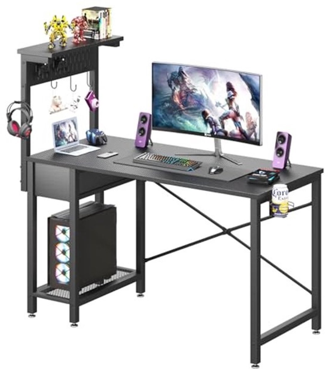 Omkeerbaar Gamingbureau met Pegboard - 47 inch Computerbureau met Houten Lade en CPU-Stand, Perfect voor PC en Laptop