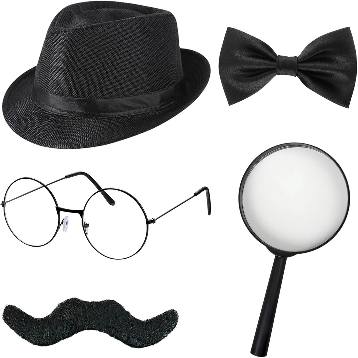 Complete Detective Kostuum Accessoire Set met Hoed, Bril, Neppet, Vergrootglas en Strikje voor Carnaval en Cosplay Feestjes