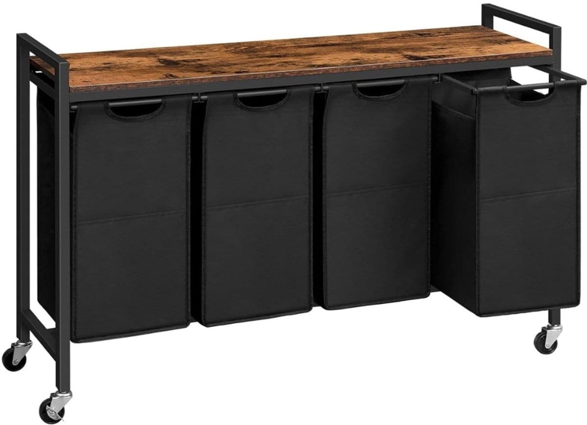 Klarven® Wassorteerder Zwart - Wasmand 4 Vakken met Wielen - Afneembare Oxford Waszakken en Opbergplank - B 33 x D 75 x H 111 cm