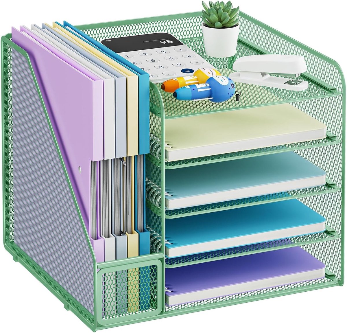 5-Laags Papieren Brief Tray Organizer, Mesh Bureau Organizer voor Kantoor, Desk Accessoires en Organisatieoplossingen (Groen)