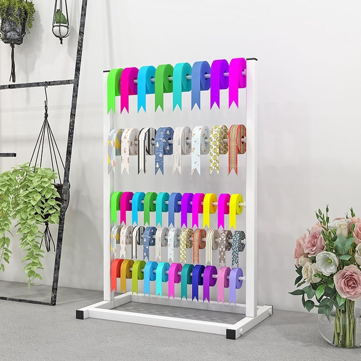 Bandhouder voor Cadeauverpakking en Creatief Gebruik - Organizer voor Ribbons, Tape en Vinylrollen, Opbergrek voor Knutselruimte, Wit