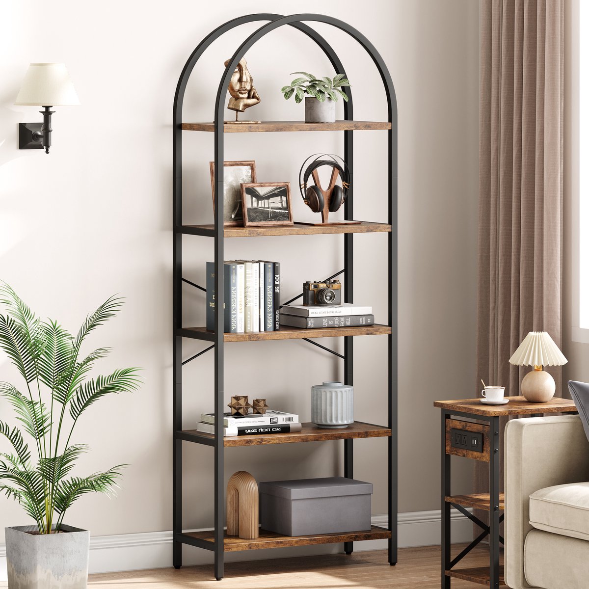 Smal Boekenkast - 60x28x180cm - Boogvormige Badkamerrek - Metalen Frame - Open Display Planken - Voor Woonkamer Slaapkamer Kantoor - Bruin