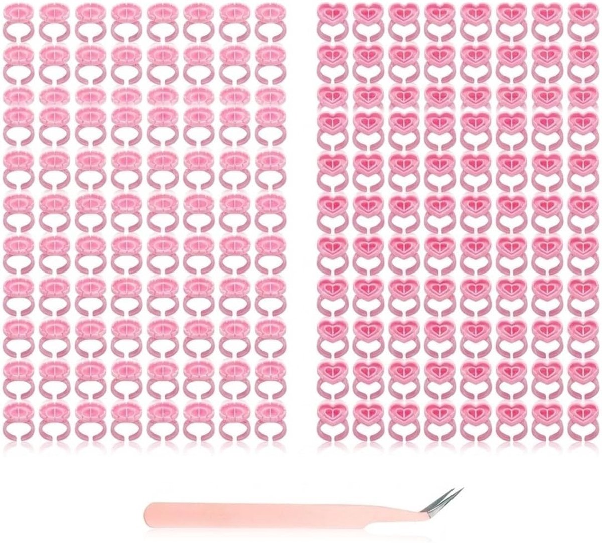 200 Stuks Eyelash Glue Holders Ringen in 2 Stijlen, V-Slot Ringen voor Wimperextensions, Inclusief Gebogen Wimperpincet en Accessoires voor Wimperverlenging, Roze