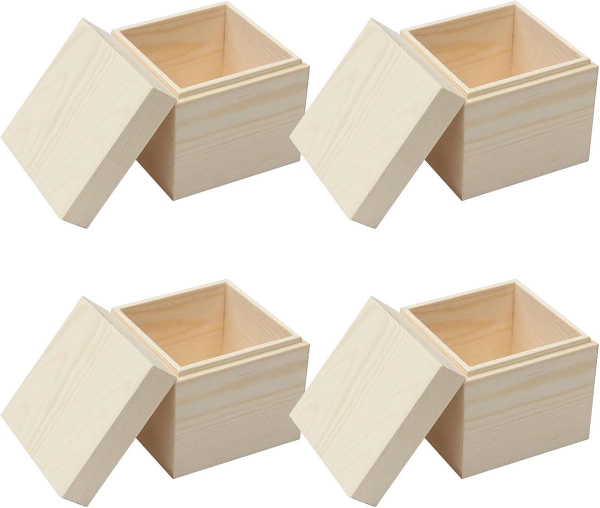 Set van 4 vierkante houten opbergdozen met deksel, 9.6 x 9.7 x 8 cm, ideaal voor organisatie en decoratie