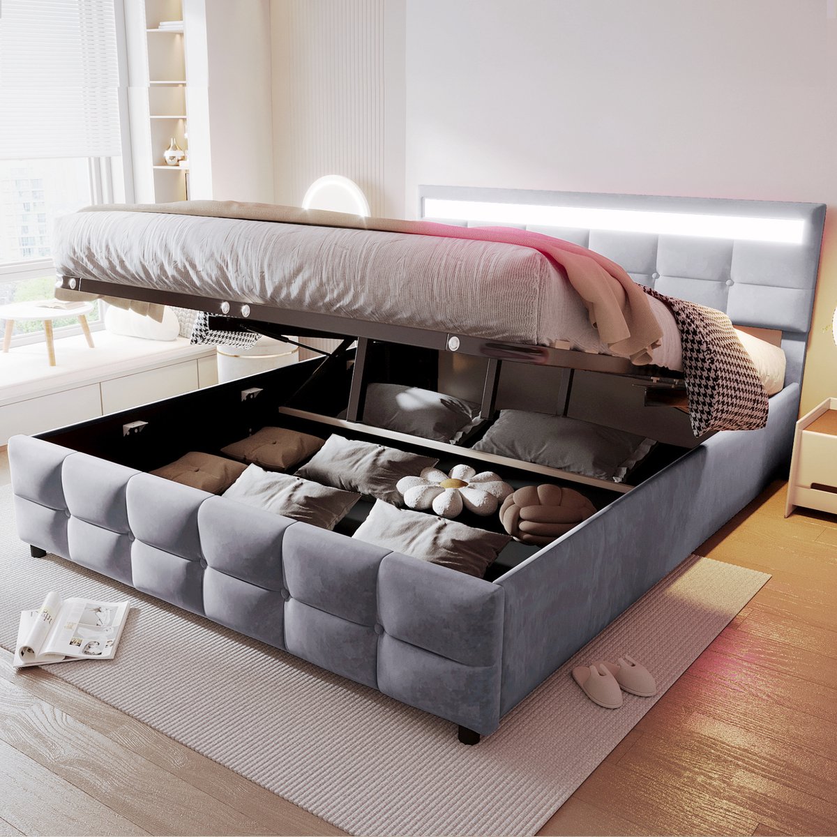 Gestoffeerd bed 180x200 cm - met LED-verlichting en hydraulische opberging - Grijs - Hollands fluweel - 24 latten - tot 300 kg - Inclusief lattenbodem