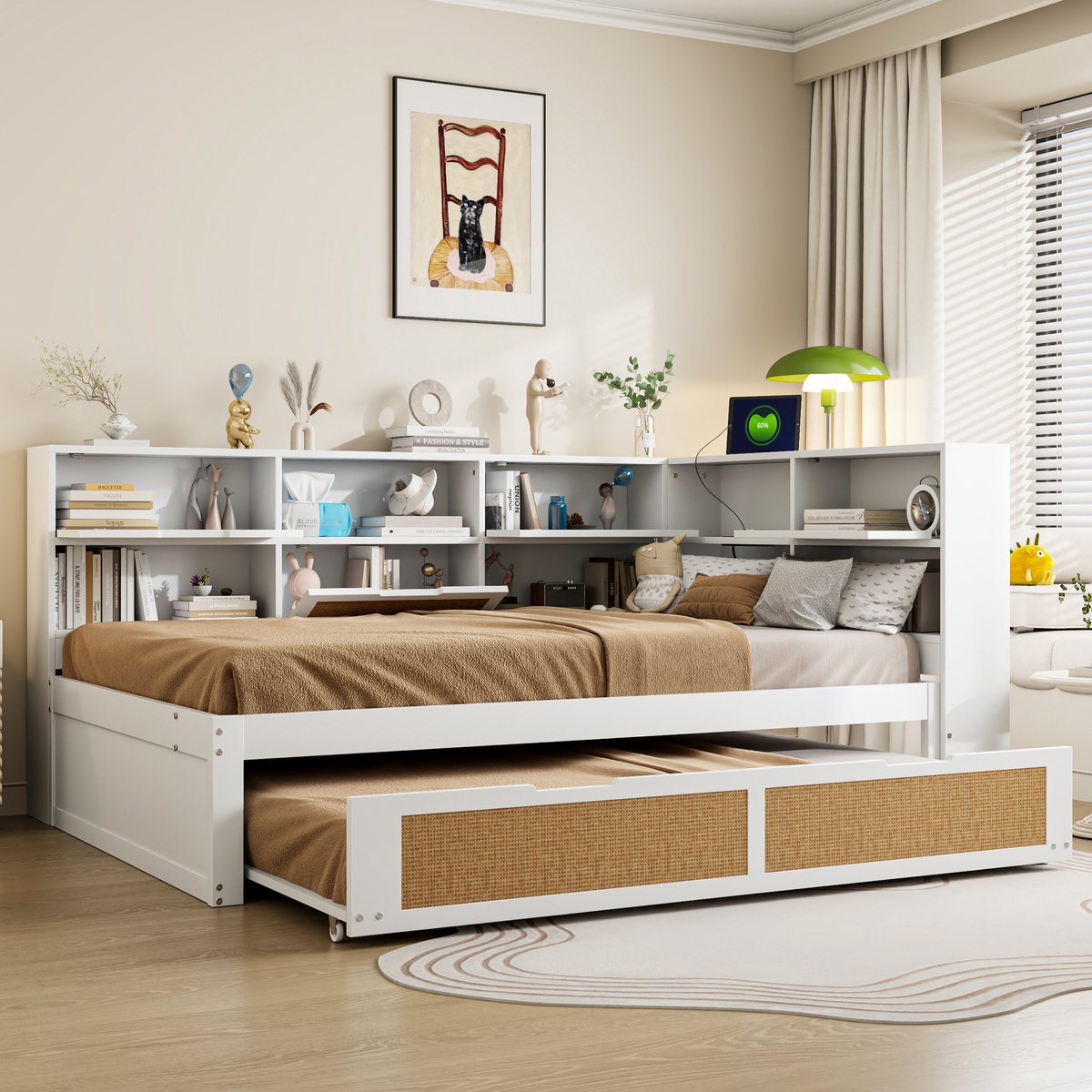 Houten slaapbank 140x200 cm - met uitschuifbed en opberglades - multifunctioneel kinderbed en eenpersoonsbed - wit - ingebouwde USB/Type-C oplaadpoorten - stevig grenen frame - lattenbodem inbegrepen