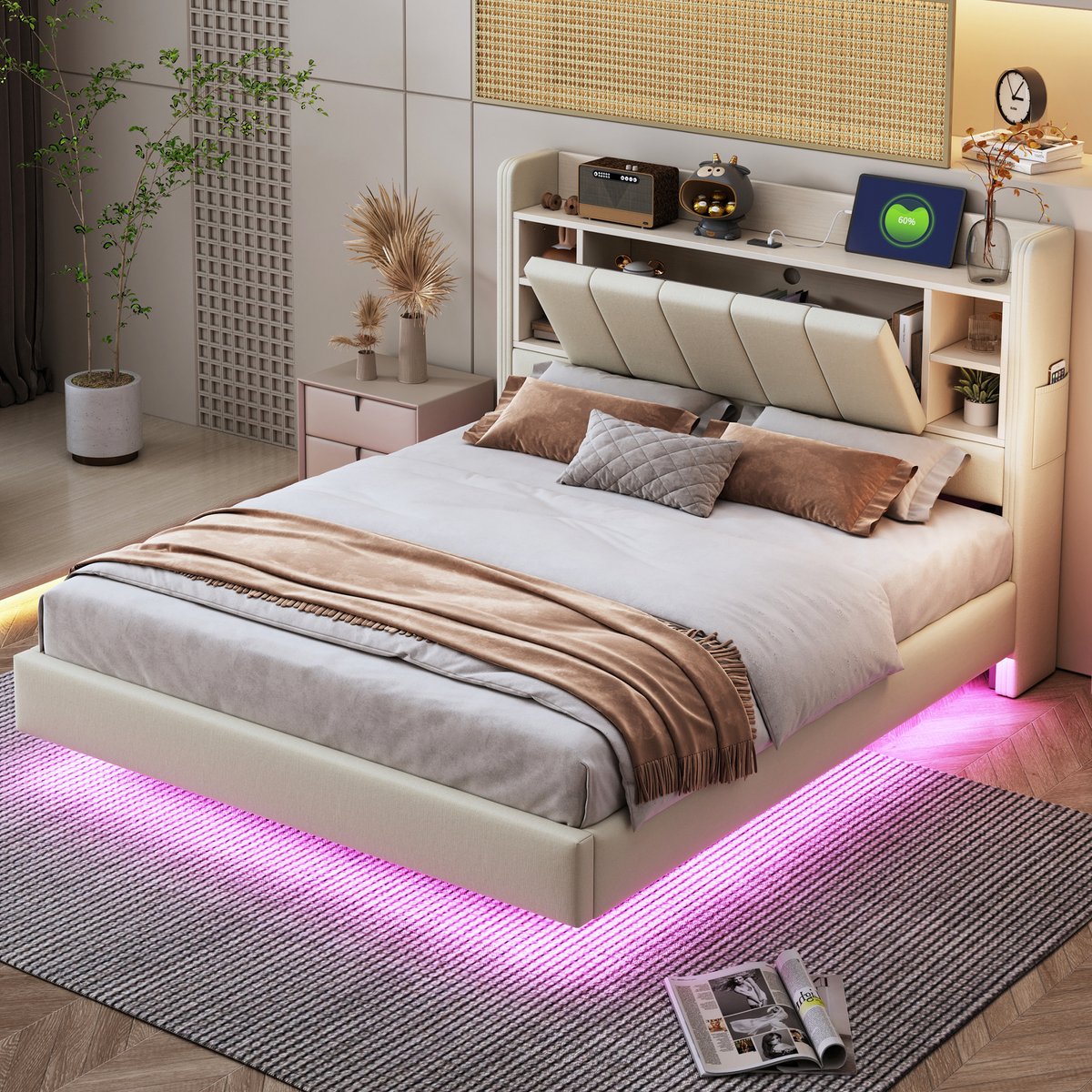 Gestoffeerd bed 140x200 cm - USB-oplaadpoort en LED-lichtstrip - 2 personen - Beige - Omkeerbaar hoofdeinde met opbergvakken - Zwevend ontwerp met verborgen poten - Stabiel tot 250 kg