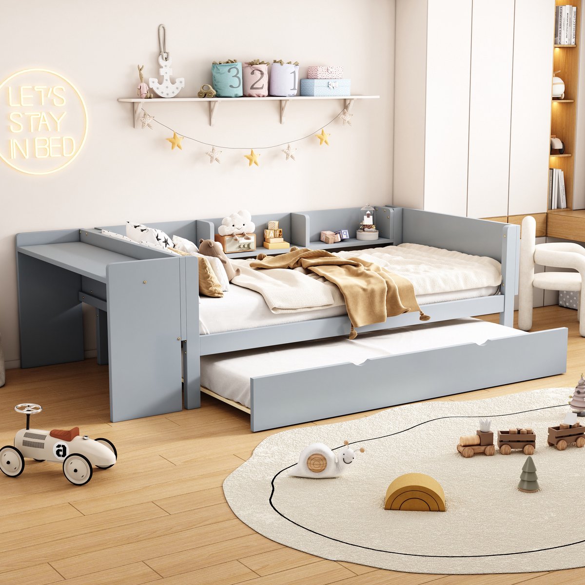 Multifunctioneel platformbed 90x200 cm - Met uitschuifbed, bureau en 3 opbergplanken - 1-2 personen - Grijs - Duurzaam grenen en MDF - Inclusief lattenbodem