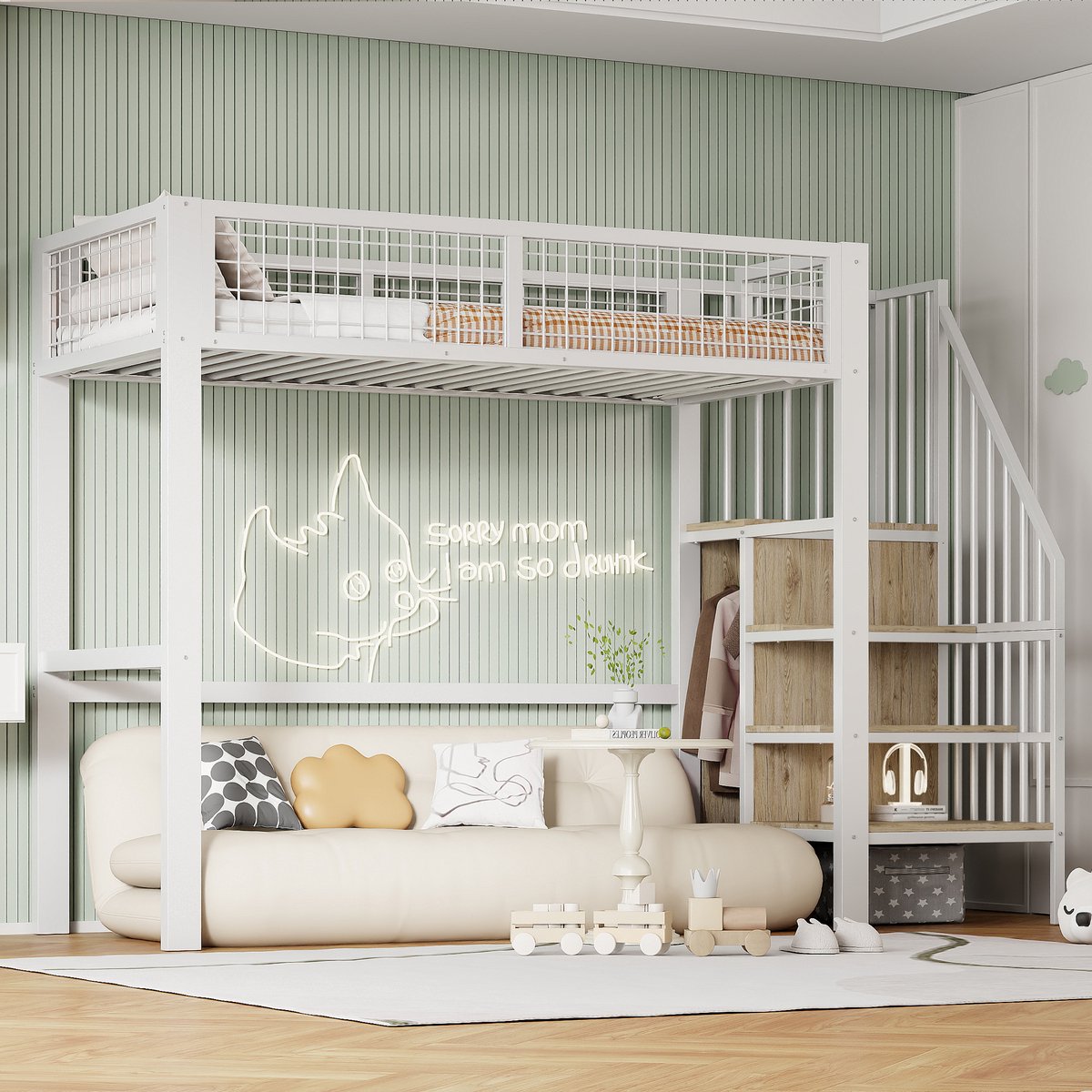 Metalen hoogslaper 90x200 cm - Flexibele ruimte met geïntegreerde kleerkast en veilige ladder - 1 persoon - Wit - Robuust stalen frame met hoog hekwerk - Inclusief 20 stevige latten - Ideaal voor kinderkamer