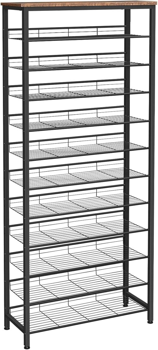 Schoenenrek met grote capaciteit, 12 niveaus voor 44-55 paar schoenen, verstelbare metalen planken, 75 x 28,5 x 195 cm, ideale opbergoplossing voor schoenen