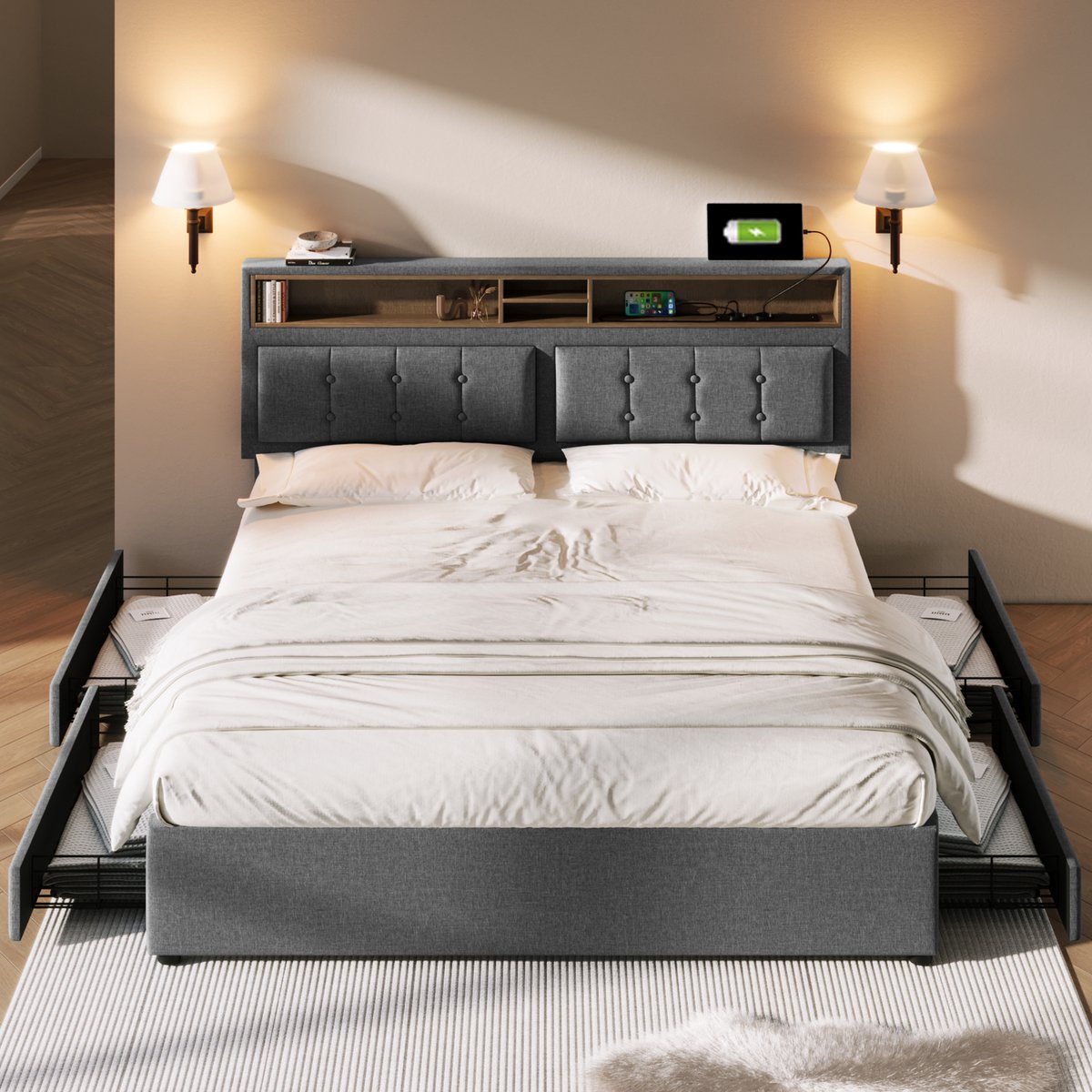 Gestoffeerd tweepersoonsbed 140x200 cm - Met 4 opberglades en USB-C laadstation - Lichtbeige - Verstelbaar hoofdeinde (12 cm) en houten lattenbodem - Zachte linnen bekleding - Geschikt voor volwassenen en tieners