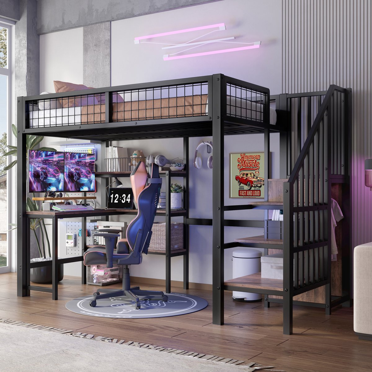 Hoogslaper met bureau, planken en kledingkast - multifunctioneel en compact - 90x200 cm eenpersoons - zwart - stevig metalen frame en MDF - inclusief lattenbodem