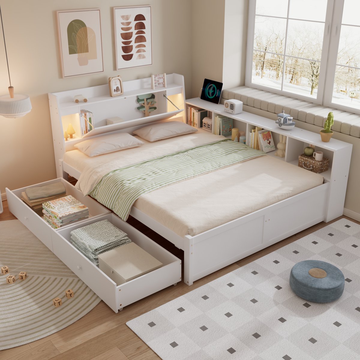 Tweepersoonsbed met opberging - Paneel hoofdeinde met leeslampen en USB - 140x200 cm - Wit - Zijwaartse kasten en lades - Grenenhout, spaanplaat en MDF