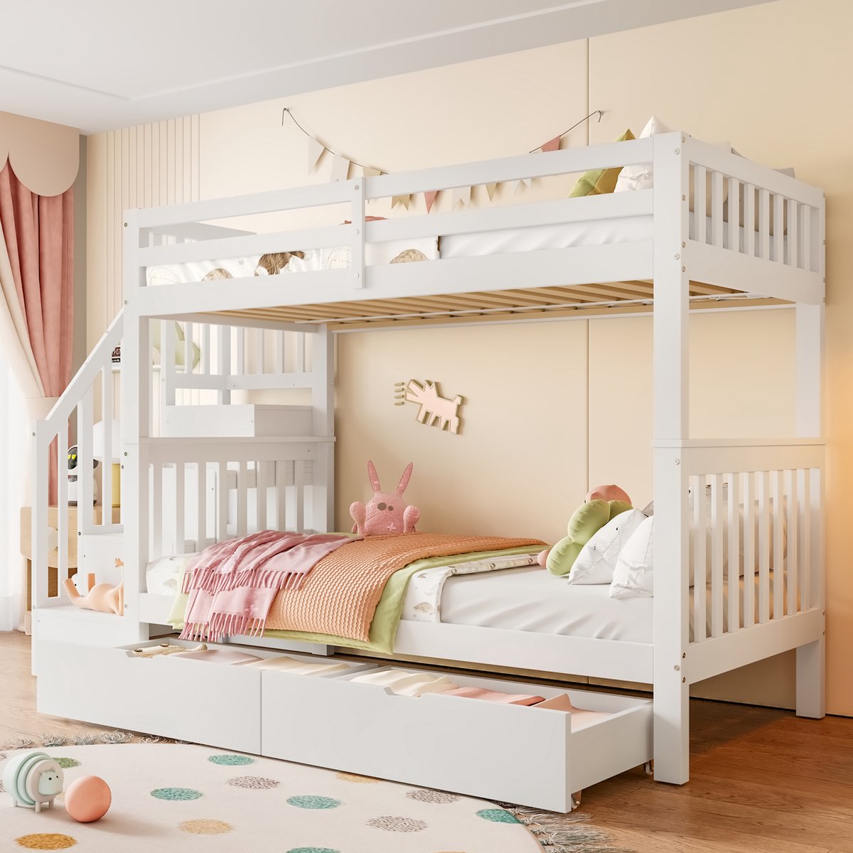 Houten stapelbed 90x200 cm - Opbergtrap met 2 lades en legplanken - Wit - EN747-1 gecertificeerd - Hoog veiligheidshek rondom - Stevig grenenhouten frame - Inclusief lattenbodem - Voor 2 kinderen