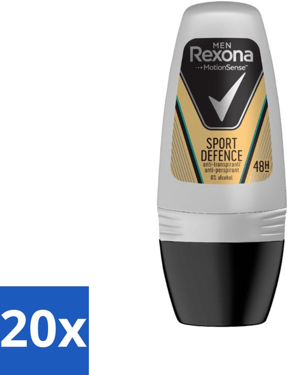 20 x Rexona Men - Sport Defence - Deo Roll-on - 50 ml - Sport Deodorant - Zweetgeur - Actieve Mannen - Deodorant Voor Mannen - Droge Oksels