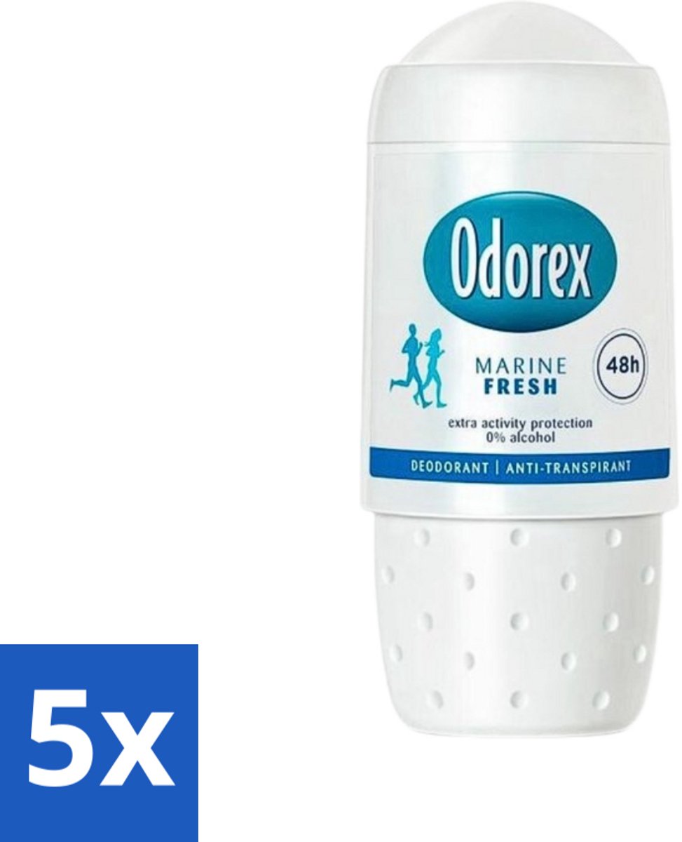 5 x Odorex - Deodorant Roller - Marine Fresh - Verkwikkende Geur - 50 ml - Deodorant Roller - Marine Geur - 48 Uur Bescherming - 0% Alcohol - Dermatologisch Goedgekeurd