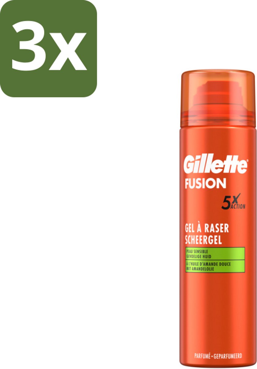3 x Gillette Scheergel Fusion 5 Sensitive 200 ml - Scheergel - Gevoelige Huid - Amandelolie - Scheren - Schermpoeder