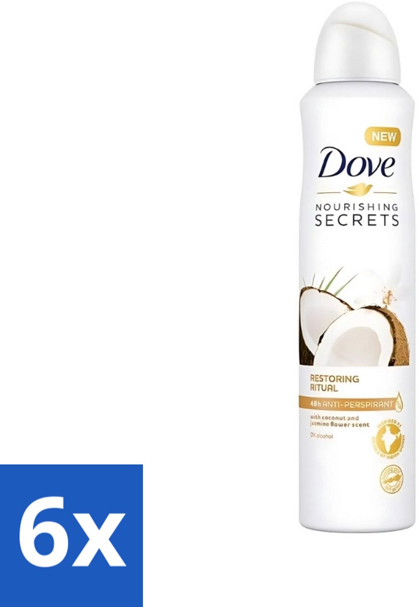 6 x Dove - Deodorant - Coconut & Jasmine Flower - Tropisch en verzorgend - 250 ml - Dove Deodorant Spray - Kokos En Jasmijn - Anti-transpirant Spray - Zachte Oksels - Geur Van Kokos En Jasmijn