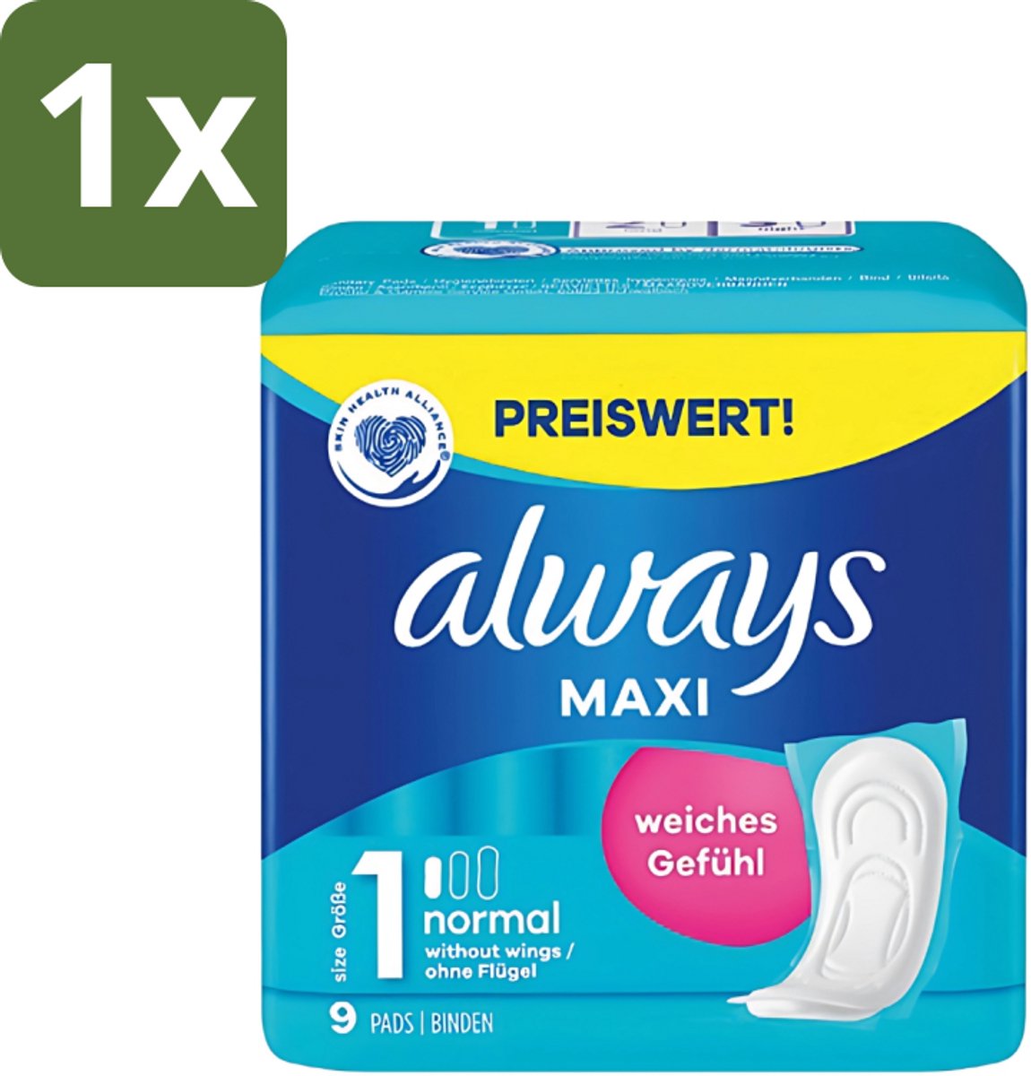 1 x Always Maxi - Maandverband - Maat 1 - Normal - 9 Pads - Maandverband - Menstruatie - Absorptie - Comfort - Hygiëne
