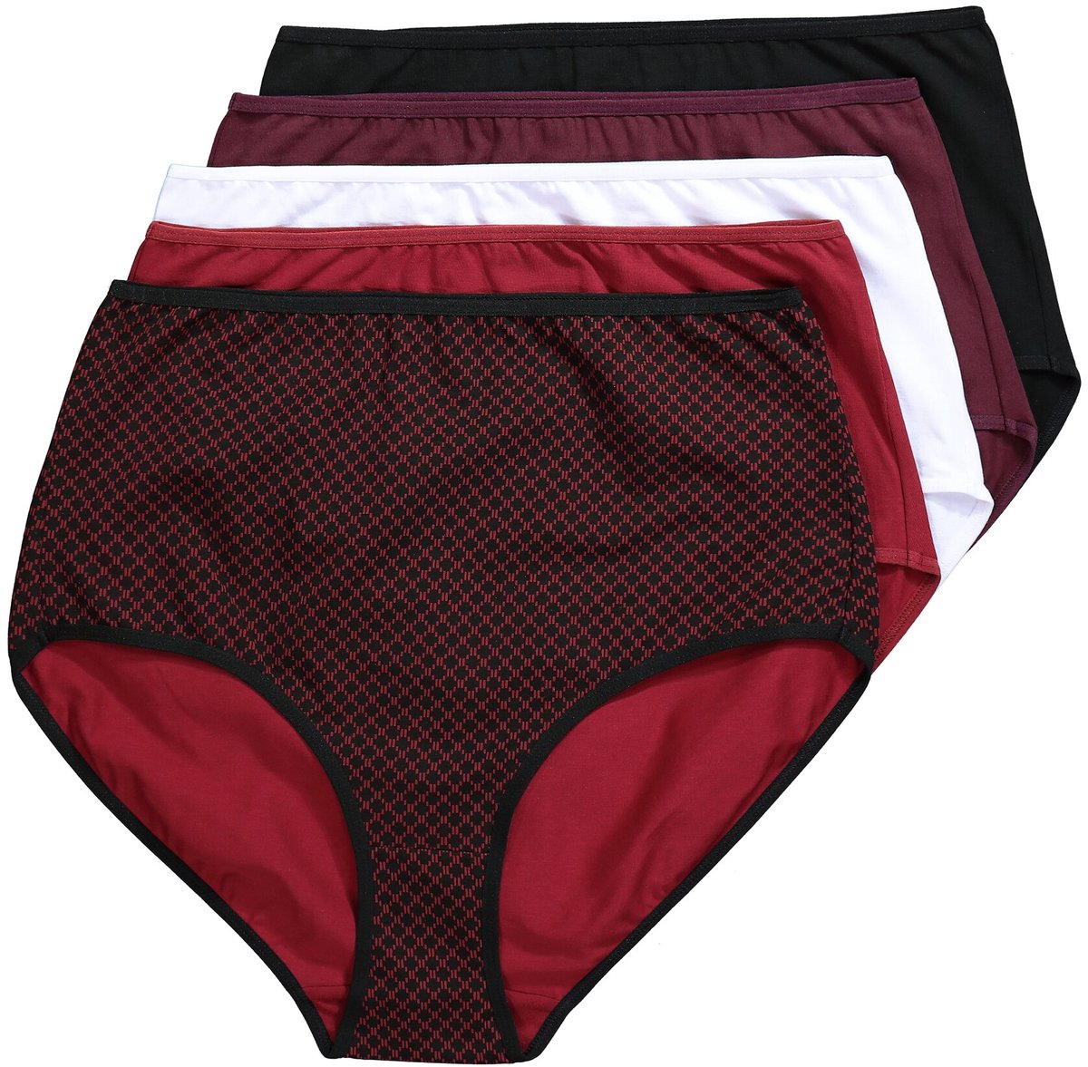 Ulla Popken - Dames - Maxislips set van 5 motief/effen hoge taille - Donker wijnrood - Maat 50+