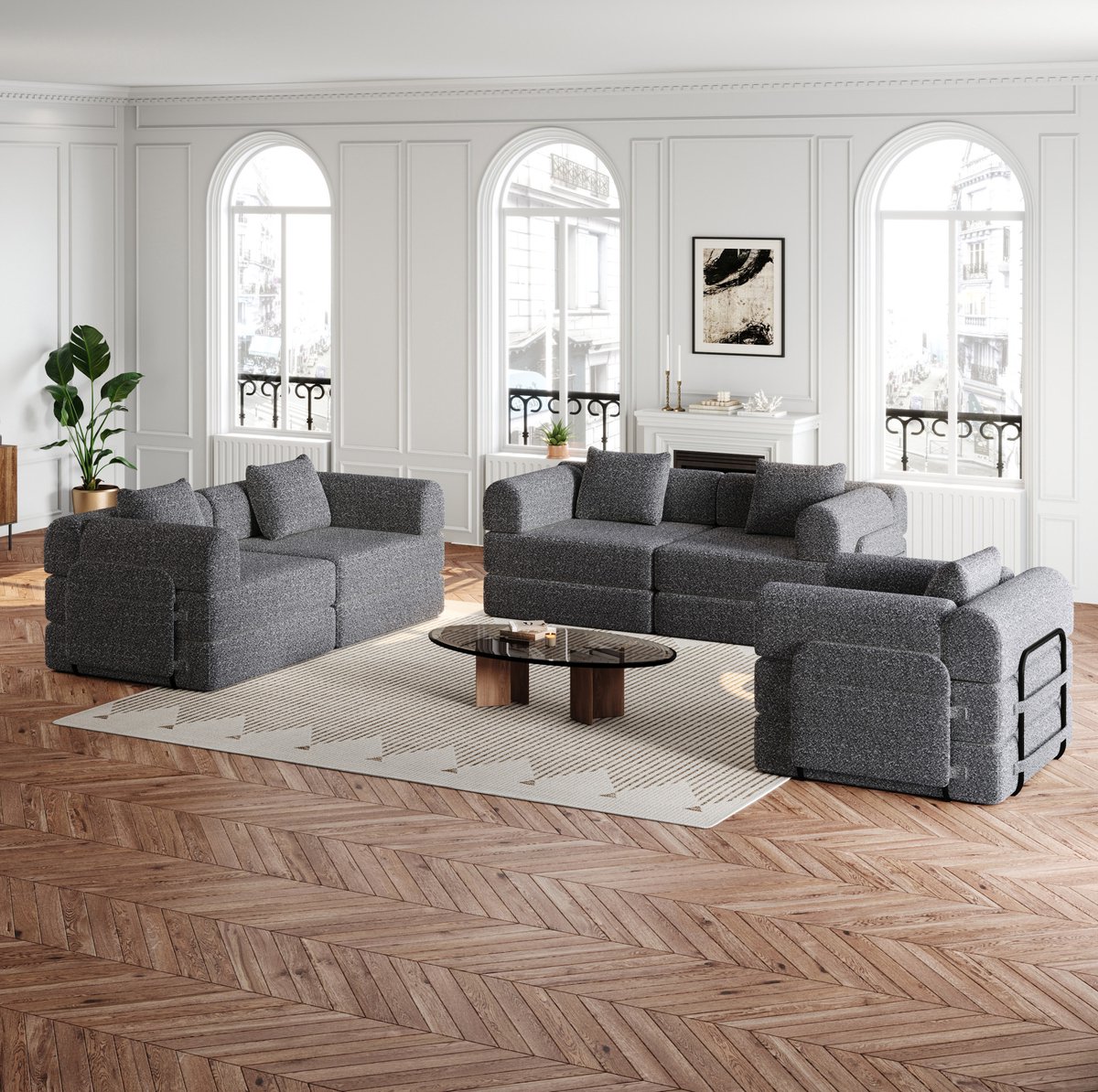 Wishdor Slaapbank - 2-in-1 met opbergruimte in armleuning - Modulair met drie metalen frames - Voor woonkamer en logeerkamer - Chenille - Grijs - 274 x 183,8 x 69,8 cm