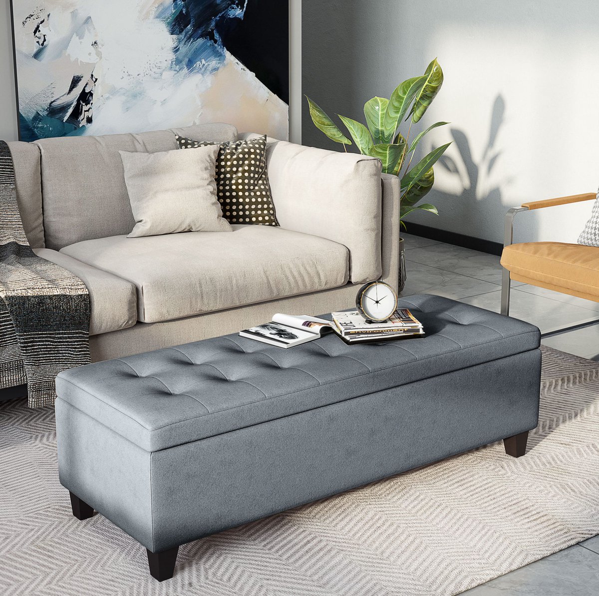 REDOM - Bank - Opbergruimte - Stil sluitend deksel - Knopen en zachte zitting - Voor woonkamer en slaapkamer - Polyester en houten poten - Grijs - 125 x 49 x 41,5 cm