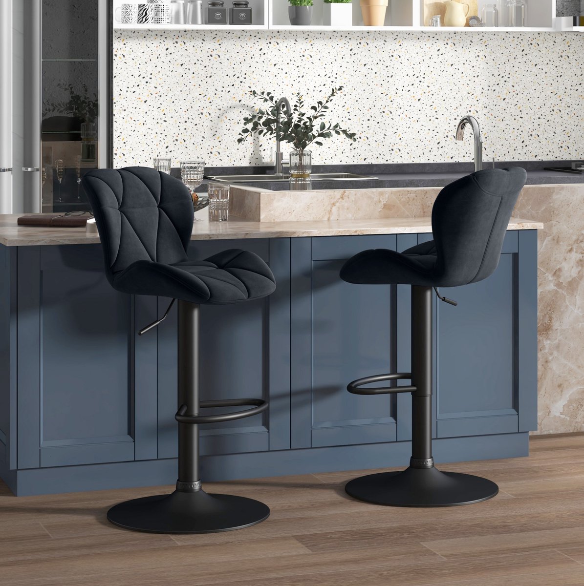 MIVRAY Barkruk 51,5 x 57,5 x 93-114,5 cm - Draaibaar En Hoogteverstelbaar - Voor Keuken En Huisbar - Velvet Zwart