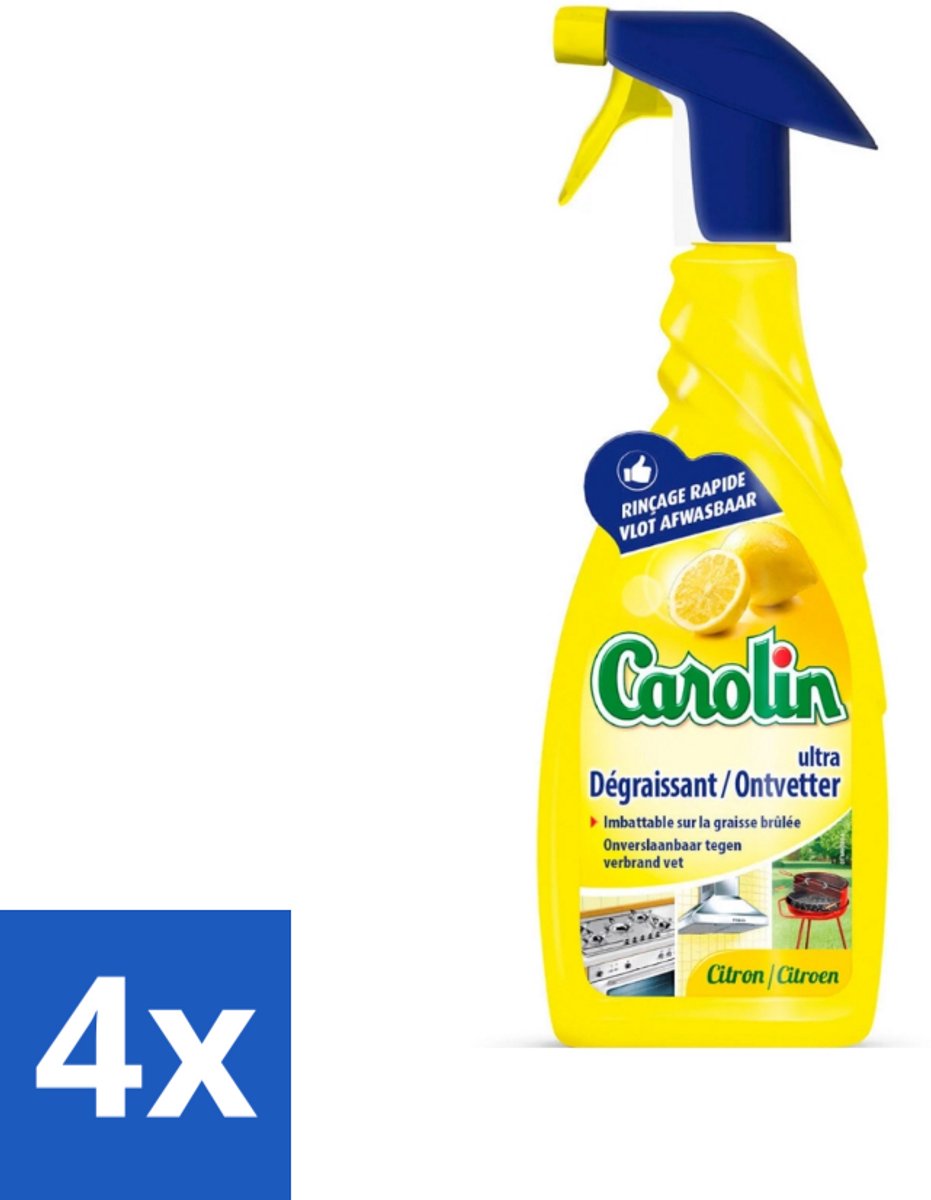 4 x Carolin - Keukenreiniger - Spray Ultra Ontvetter Citroen - 650 ml - Keukenreiniger - Ontvetter - Citroen - Vetvlekken - Keukenspullen