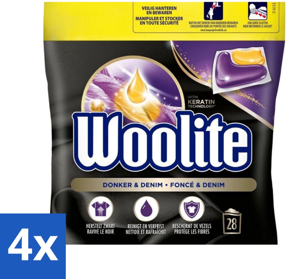 4 x Woolite Dark - Wasmiddelcapsules - Met Keratine - Donkere & Denim Was - 28 Wasbeurten - Wasmiddel Capsules - Donkere Kleding - Denim Kleding - Wasmiddel Voor Donkere Kleuren - Wasmiddel Met Keratine