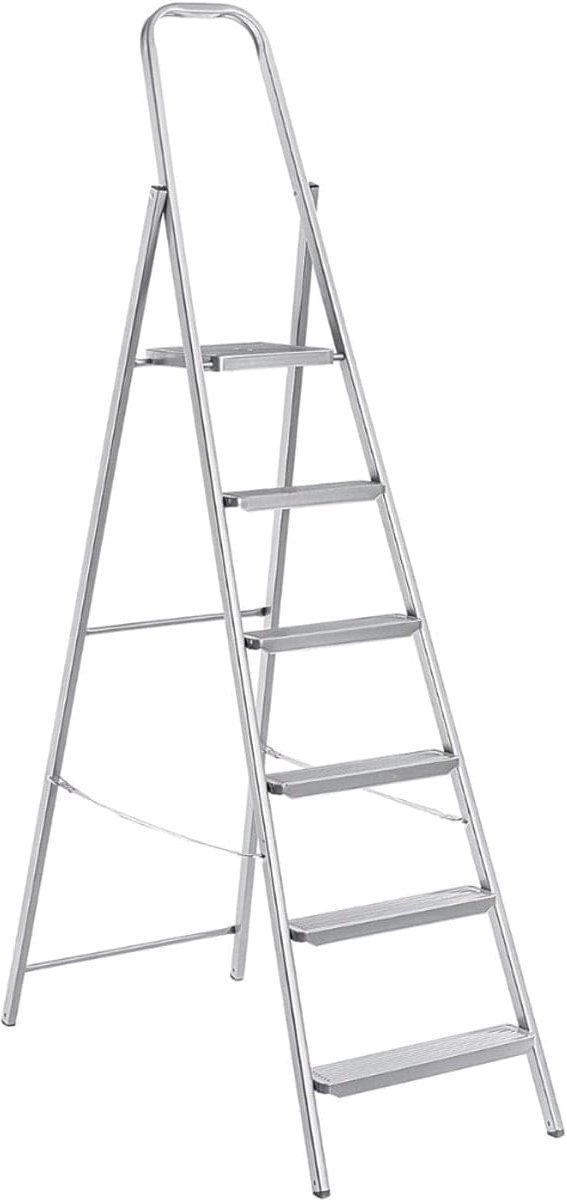Klarven® Huishoudtrap 6 treden Zilver - Inklapbare vouwladder - Antislip voeten, tot 150 kg - B 13 x H 205 cm