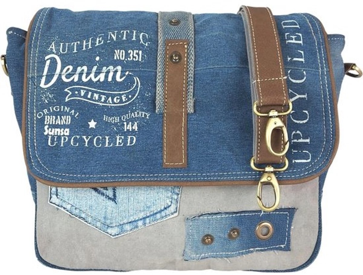 Dames Schoudertas van Gerecycled Jeans en Leer - Vintage Crossbody Tas in Blauw en Grijs - Duurzaam Upcycling Design