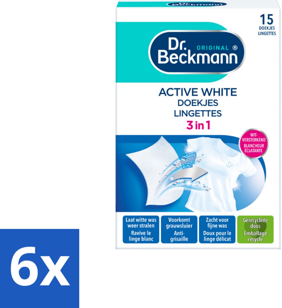 6 x Dr. Beckmann - Kleurverzorging - Active White - Witte Was - 15 Doekjes - Witte Was - Wasverzorging - Grauwsluier - Vergeling - Witmaakdoekjes