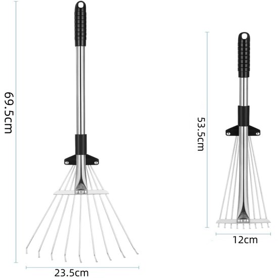 Telescopische bladhark - Bladbezem - Verstelbare tuin bladhark - Gazonhark - Openklapbare draadhark - Metalen tuinhark - 9 strengs draad - Voor gazons, tuinen, bloemperken (53,5*12 cm - Zwart) — afbeelding 2