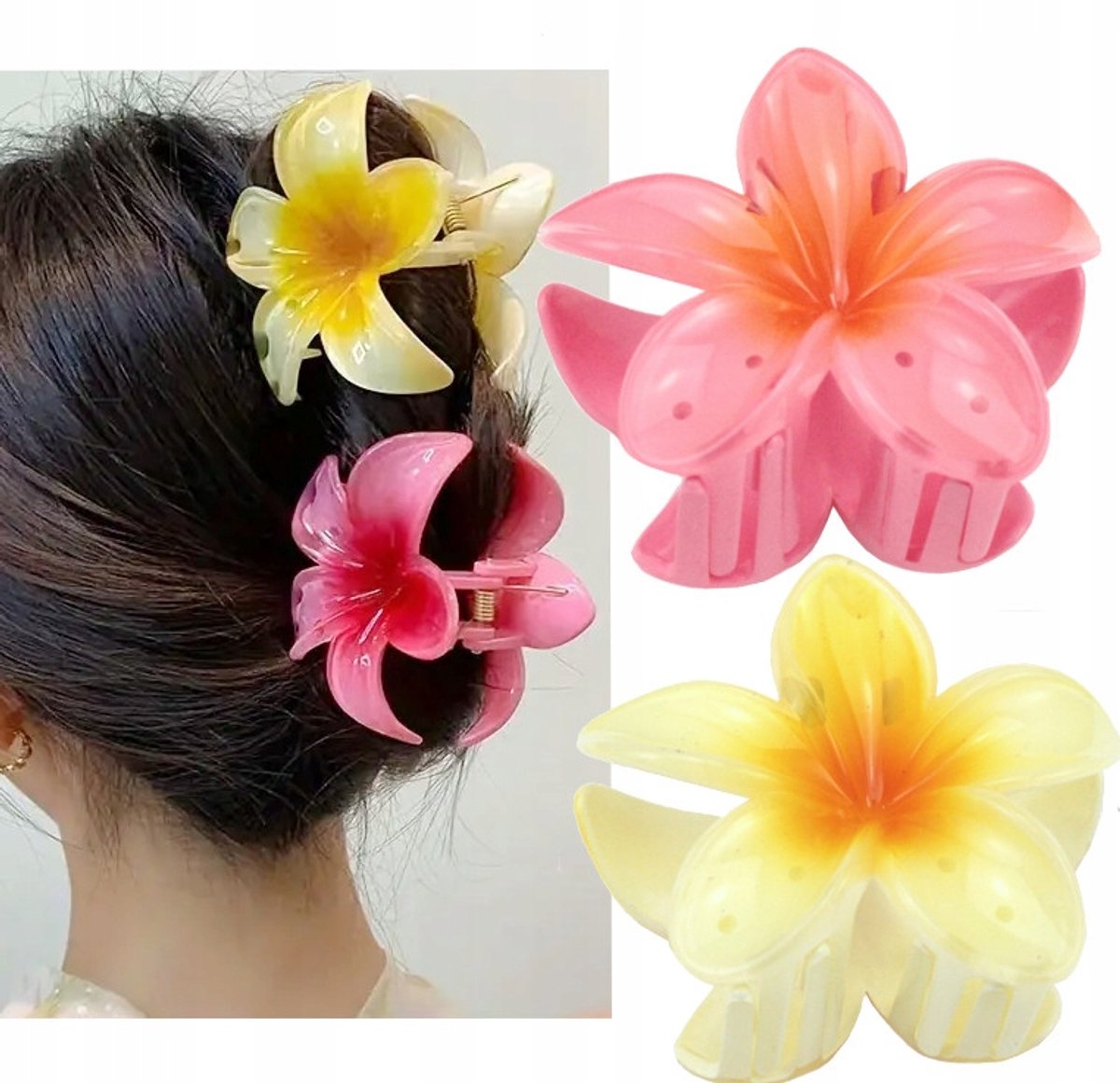 Grote Hawaii Bloem haarclip 2 stuks - Roze & Citroen