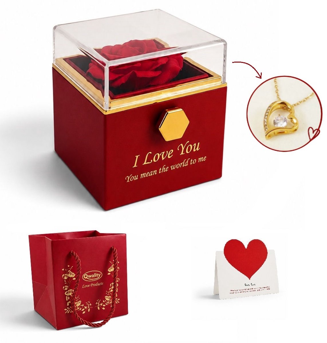 Roos in Luxe Giftbox mét Ketting - Uniek Draaimechanisme - Cadeau voor vriendin moeder haar – Kerst cadeau - Moederdag - Valentijn - Goudkleurige Ketting - Qwality