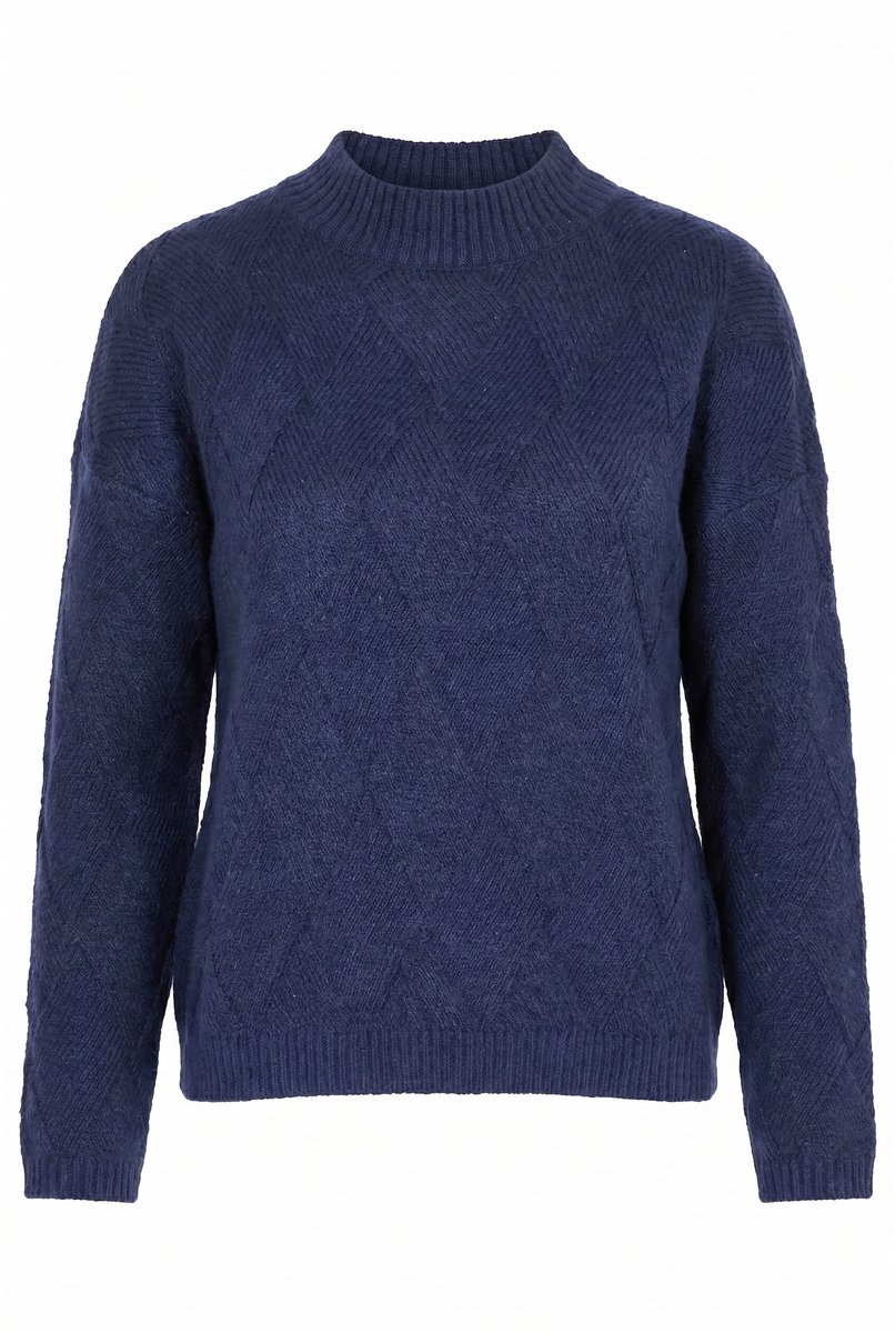 Ulla Popken - Dames - Trui ruiten oversized opstaande kraag lange mouwen - Inktblauw - Maat 50+