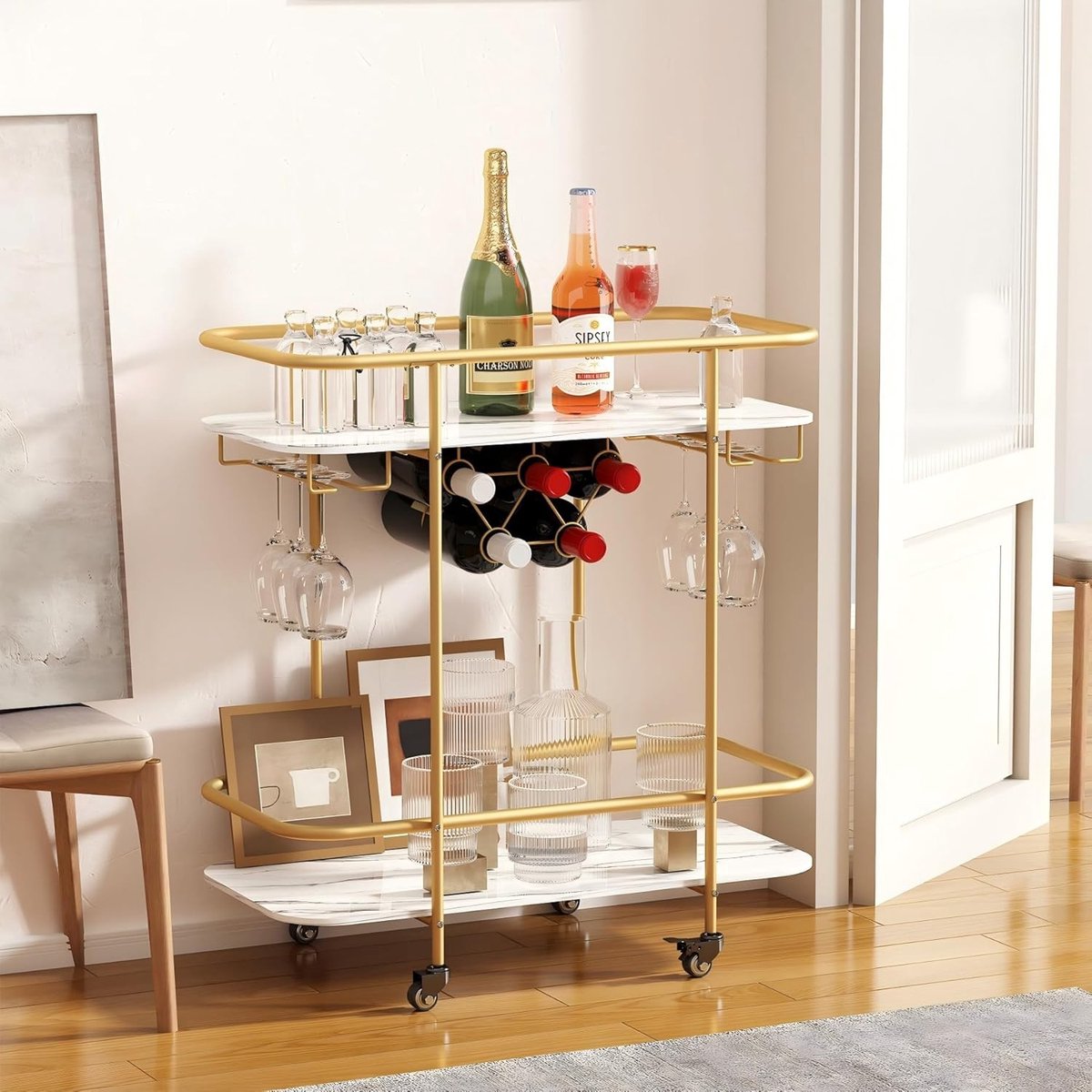 Moderne 2-laagse drankentrolley op wielen met wijnrek en glazenhouder voor keuken en feestjes